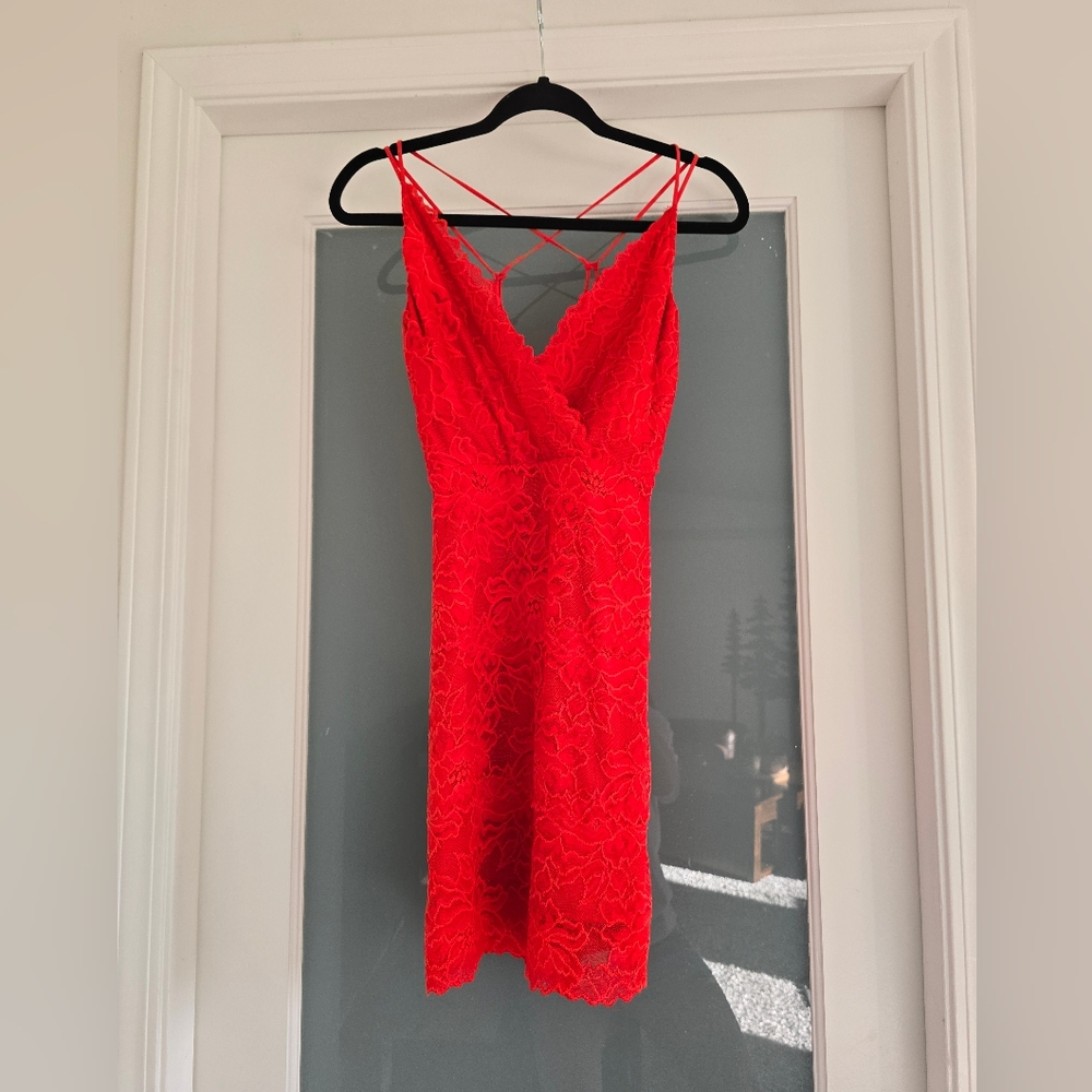 Guess Red Lace Slip Dress with Strappy V-Neck